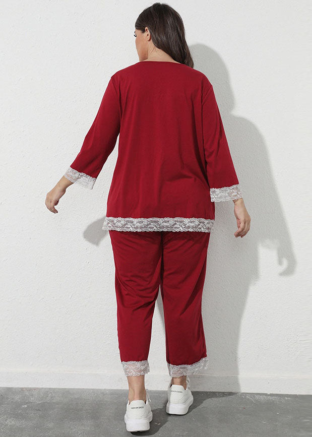 Novelty Red Lace Patchwork Tops And Crop Pants Cotton Two Piece Set Outfits Fall