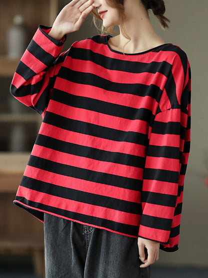 Plus Size - 100% Cotton Spring Casual Striped T-Shirt