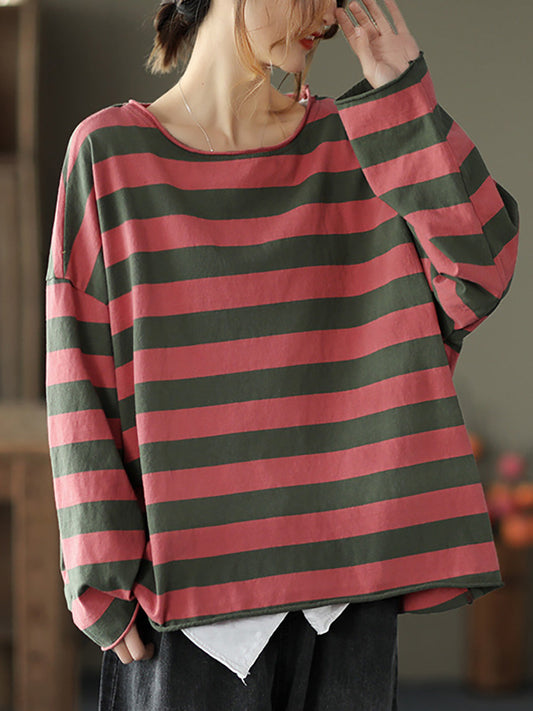 Plus Size - 100% Cotton Spring Casual Striped T-Shirt