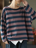 Plus Size - 100% Cotton Spring Casual Striped T-Shirt