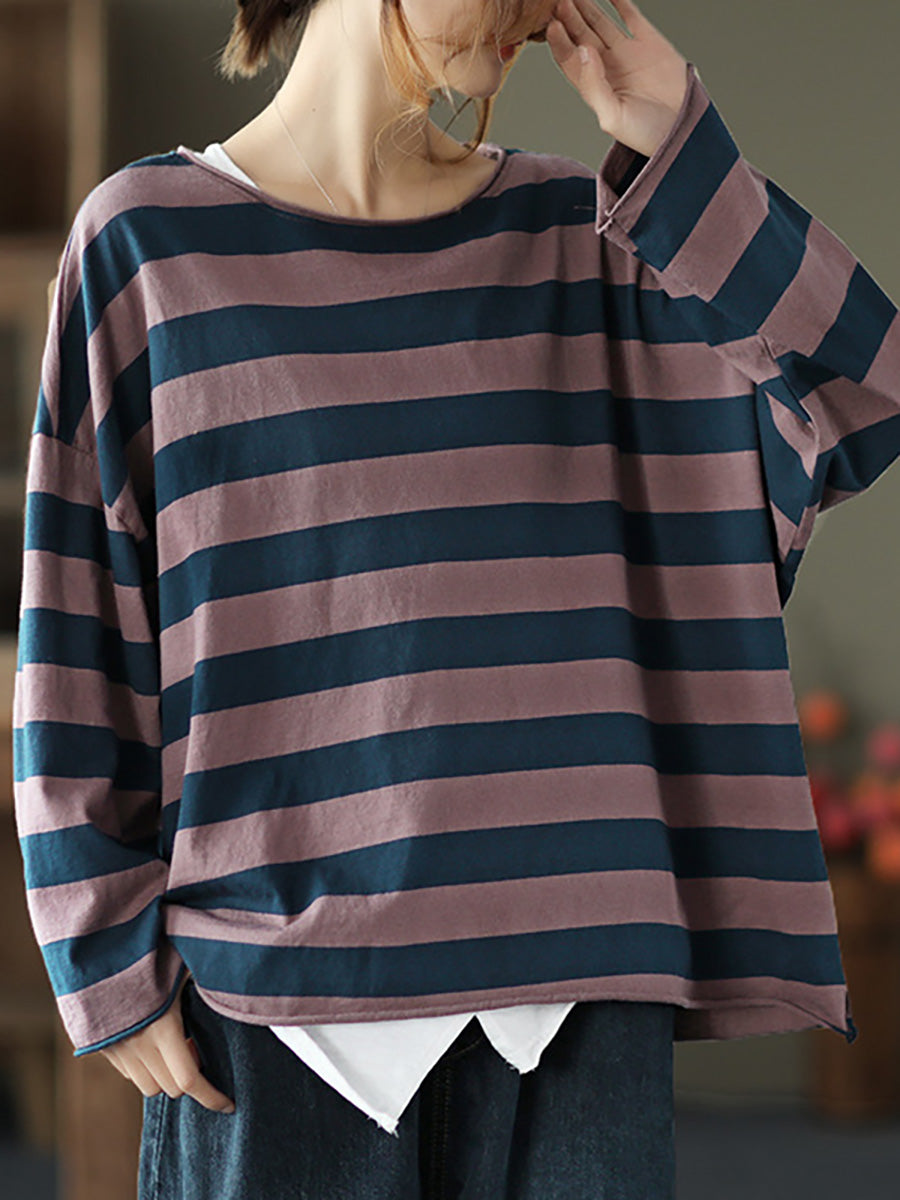 Plus Size - 100% Cotton Spring Casual Striped T-Shirt