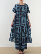 Blue Prints Casual Cotton Blend Two Pieces Side Open Tops And Elastic Waist Wide Leg Pants