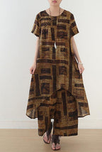 Blue Prints Casual Cotton Blend Two Pieces Side Open Tops And Elastic Waist Wide Leg Pants