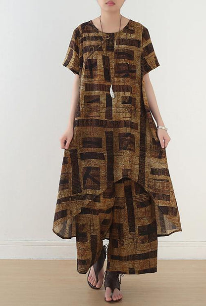 Blue Prints Casual Cotton Blend Two Pieces Side Open Tops And Elastic Waist Wide Leg Pants