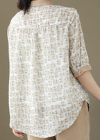 Organic Beige Peter Pan Collar Button Patchwork Linen Top Summer