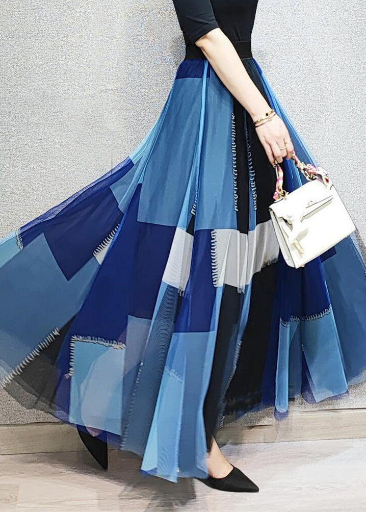 Organic Black Grey Plaid Patchwork Elastic Waist Tulle Maxi Skirts Spring