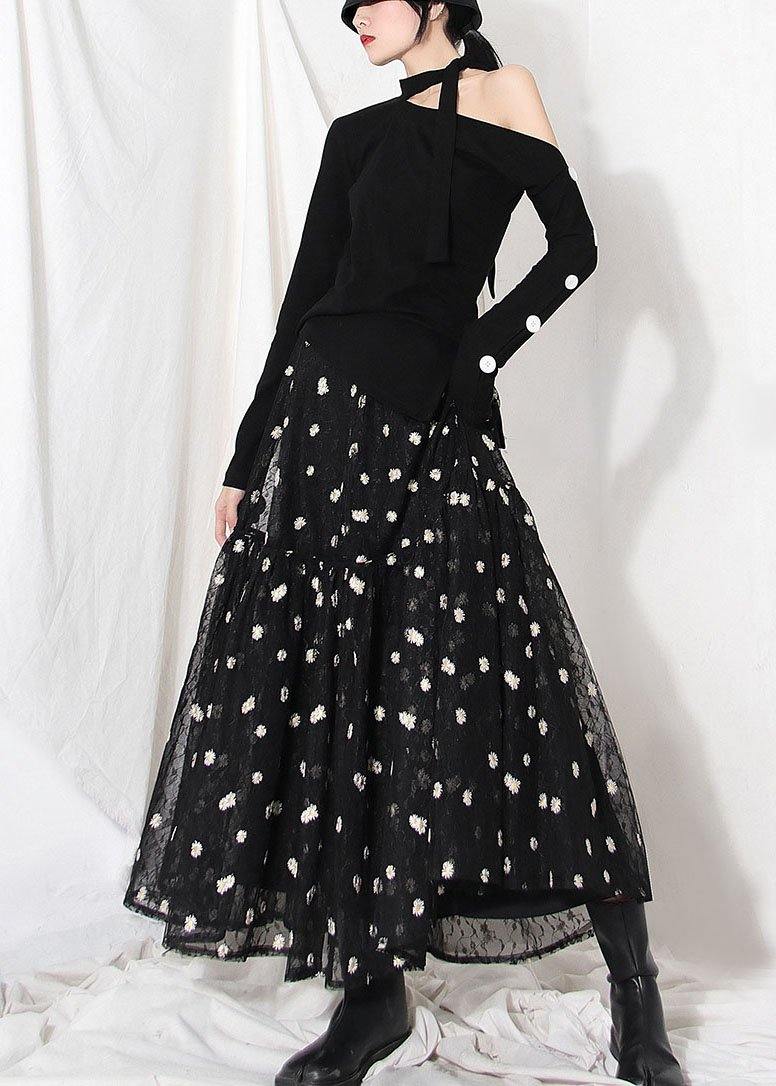 Organic Black Lace Embroideried Summer A Line Skirt