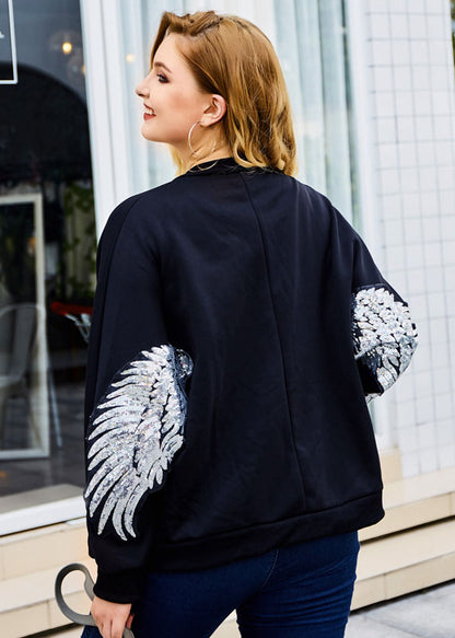 Organic Black O-Neck Wing Embroideried Coats Long Sleeve