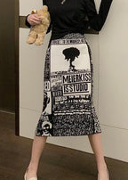 Organic Black Print Knit side open Skirt Spring