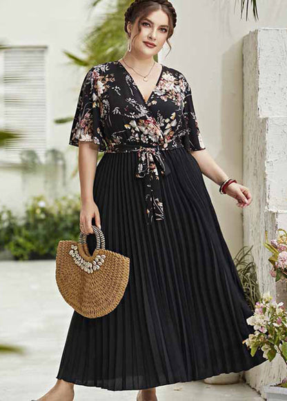 Organic Black V Neck Print Patchwork Chiffon Long Dress Short Sleeve