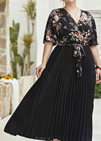 Organic Black V Neck Print Patchwork Chiffon Long Dress Short Sleeve