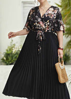 Organic Black V Neck Print Patchwork Chiffon Long Dress Short Sleeve