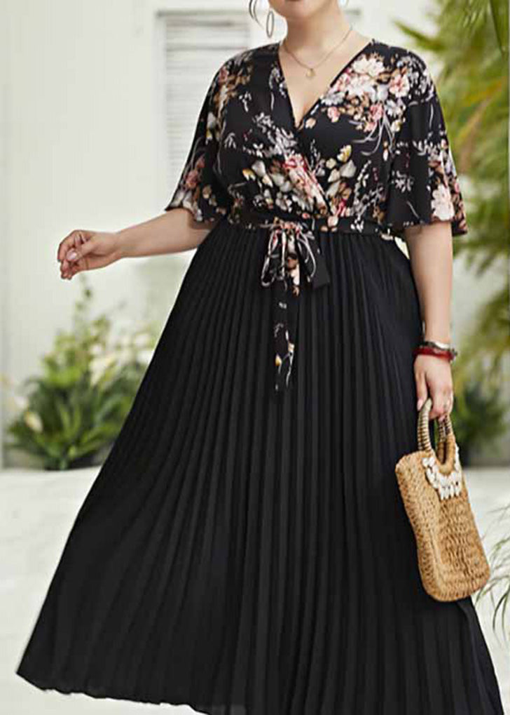 Organic Black V Neck Print Patchwork Chiffon Long Dress Short Sleeve