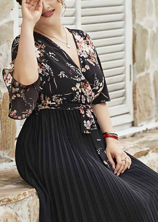 Organic Black V Neck Print Patchwork Chiffon Long Dress Short Sleeve