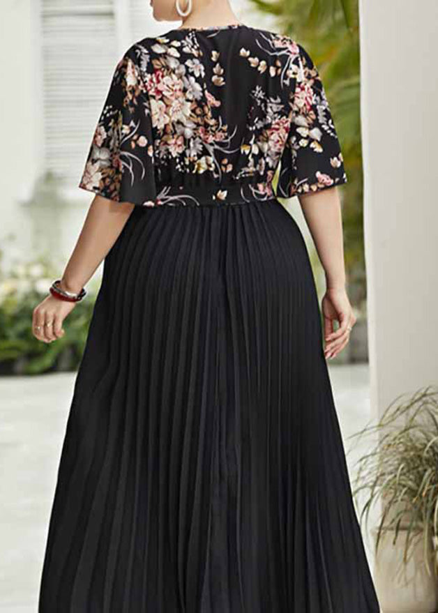Organic Black V Neck Print Patchwork Chiffon Long Dress Short Sleeve