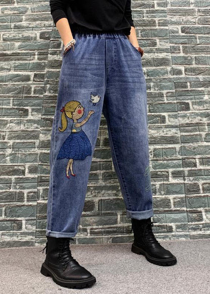 Organic Blue Cartoon Embroideried Pockets Patchwork Denim Crop Pants Spring