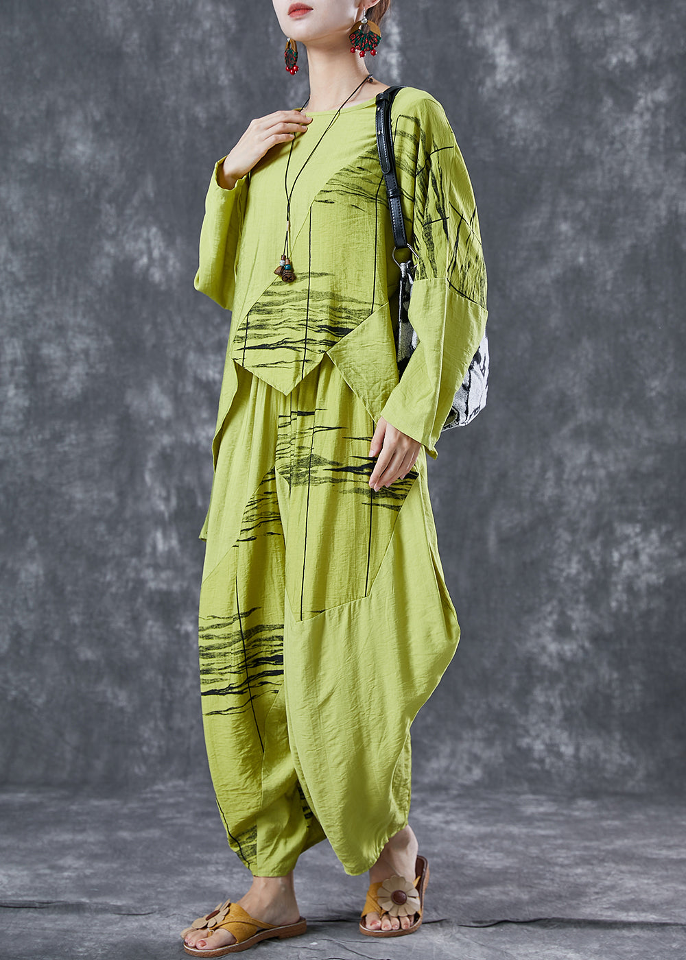 Organic Green Asymmetrical Patchwork Cotton Two Piece Set Women Clothing Summer