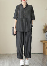 Load image into Gallery viewer, Organic Grey V Neck Patchwork Wrinkled Denim Two Piece Set Women Clothing Summer