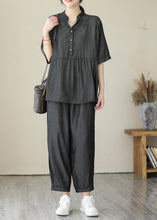 Load image into Gallery viewer, Organic Grey V Neck Patchwork Wrinkled Denim Two Piece Set Women Clothing Summer