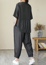 Load image into Gallery viewer, Organic Grey V Neck Patchwork Wrinkled Denim Two Piece Set Women Clothing Summer