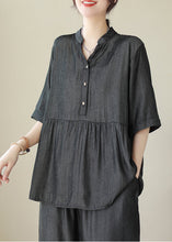 Load image into Gallery viewer, Organic Grey V Neck Patchwork Wrinkled Denim Two Piece Set Women Clothing Summer