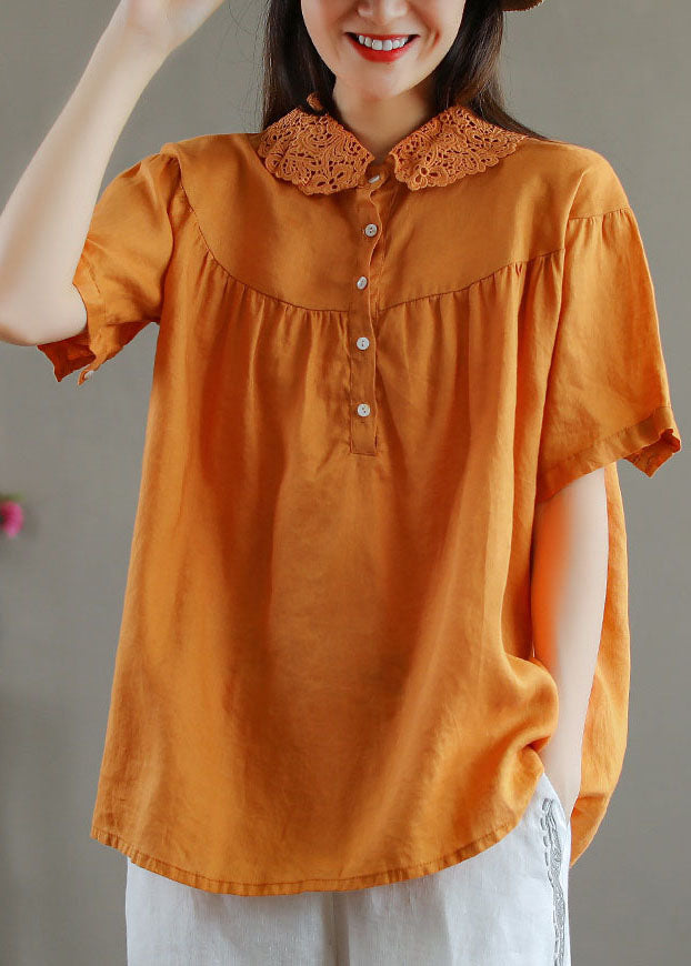 Organic Orange Peter Pan Collar Lace Patchwork Linen T Shirts Top Summer