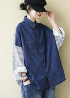 Organic Patchwork Shirts Women Denim Blue Tops