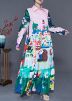 Organic Pink Animal Print Patchwork Ruffles Linen Vacation Dresses Summer