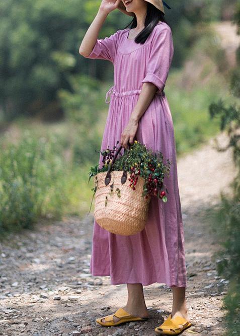 Organic Pink Clothes For Women O Neck Drawstring Summer Dresses