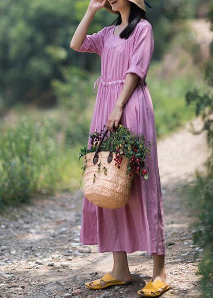 Organic Pink Clothes For Women O Neck Drawstring Summer Dresses