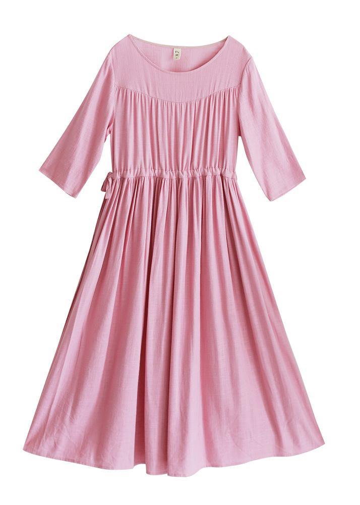 Organic Pink Clothes For Women O Neck Drawstring Summer Dresses