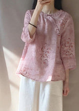 Load image into Gallery viewer, Organic Pink Print Blouses For Women O Neck Chinese Button Daily Tops