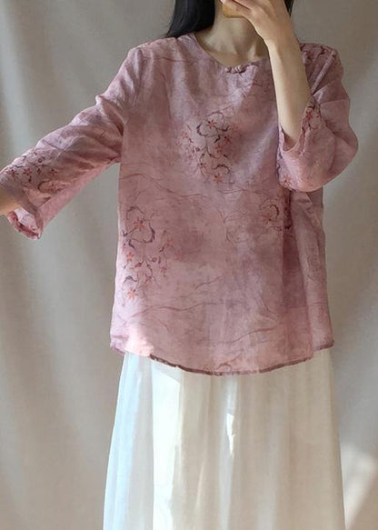Organic Pink Print Blouses For Women O Neck Chinese Button Daily Tops