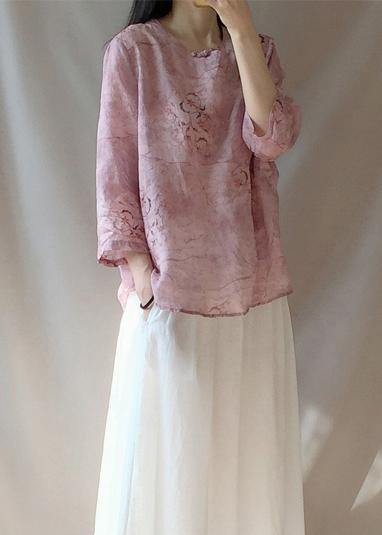 Organic Pink Print Blouses For Women O Neck Chinese Button Daily Tops