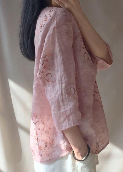 Organic Pink Print Blouses For Women O Neck Chinese Button Daily Tops