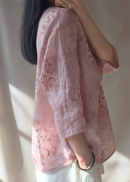 Organic Pink Print Blouses For Women O Neck Chinese Button Daily Tops