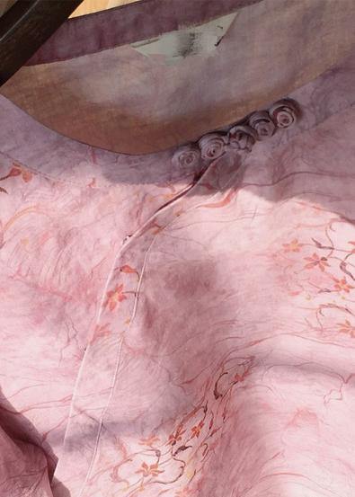 Organic Pink Print Blouses For Women O Neck Chinese Button Daily Tops