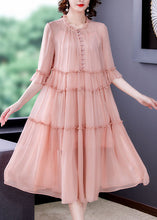 Load image into Gallery viewer, Organic Pink Ruffled Patchwork Silk Dresses Half Sleeve