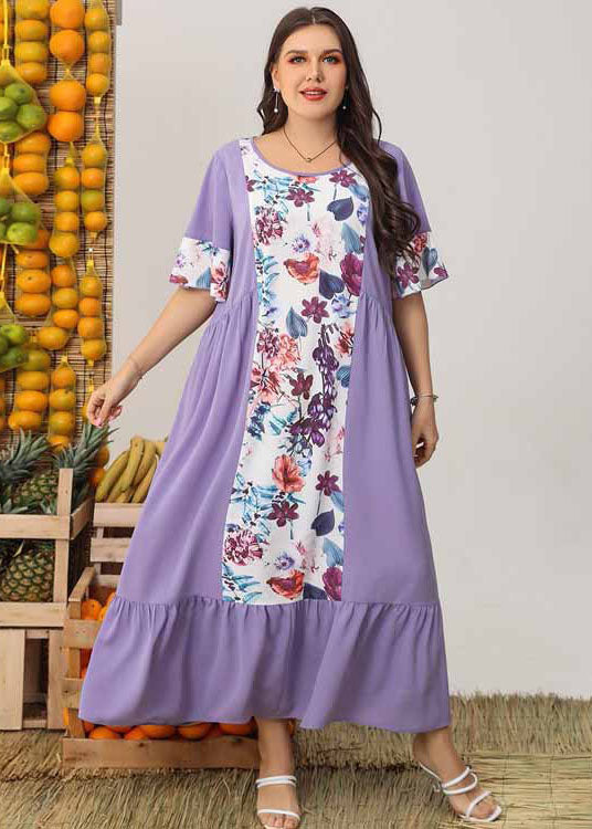 Organic Purple O Neck Print Wrinkled Patchwork Chiffon Dresses Summer