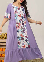 Organic Purple O Neck Print Wrinkled Patchwork Chiffon Dresses Summer
