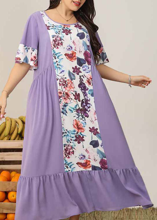Organic Purple O Neck Print Wrinkled Patchwork Chiffon Dresses Summer