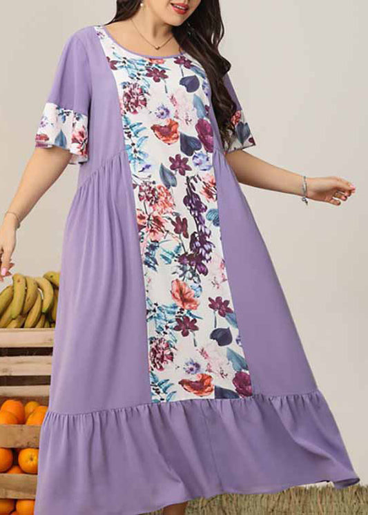 Organic Purple O Neck Print Wrinkled Patchwork Chiffon Dresses Summer