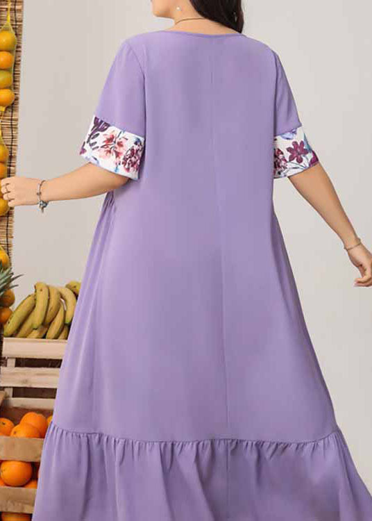 Organic Purple O Neck Print Wrinkled Patchwork Chiffon Dresses Summer