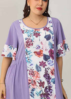 Organic Purple O Neck Print Wrinkled Patchwork Chiffon Dresses Summer