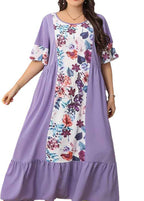 Organic Purple O Neck Print Wrinkled Patchwork Chiffon Dresses Summer