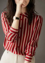 Load image into Gallery viewer, Organic Red Peter Pan Collar Striped Button Low High Design Chiffon Shirts Long Sleeve
