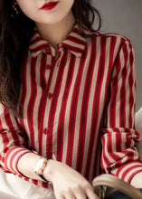 Load image into Gallery viewer, Organic Red Peter Pan Collar Striped Button Low High Design Chiffon Shirts Long Sleeve
