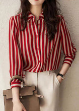 Load image into Gallery viewer, Organic Red Peter Pan Collar Striped Button Low High Design Chiffon Shirts Long Sleeve