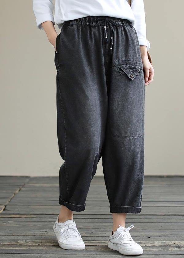Organic Spring Casual Pants Denim Black Fabrics Cinched Pants