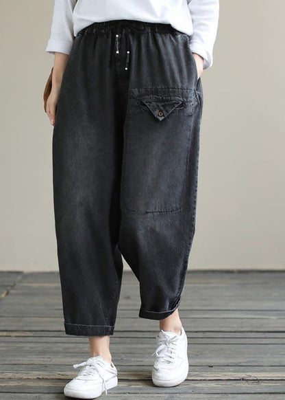 Organic Spring Casual Pants Denim Black Fabrics Cinched Pants